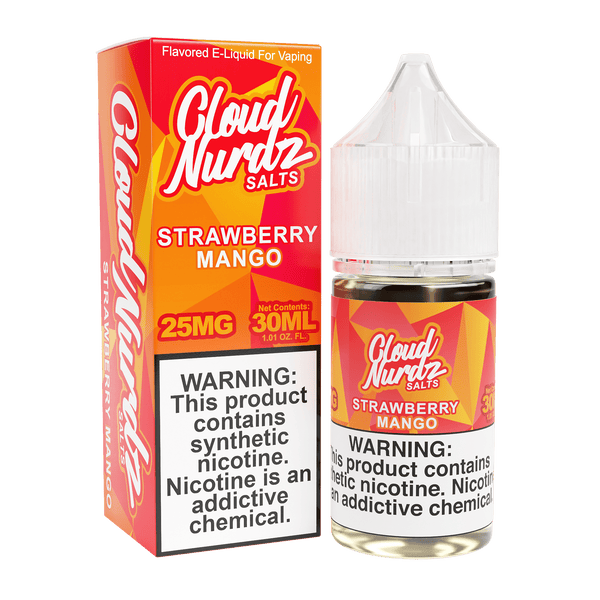 Strawberry Mango SALT e-liquid by Cloud Nurdz in a 30mL bottle, showcasing fresh strawberries and ripe mango flavor.