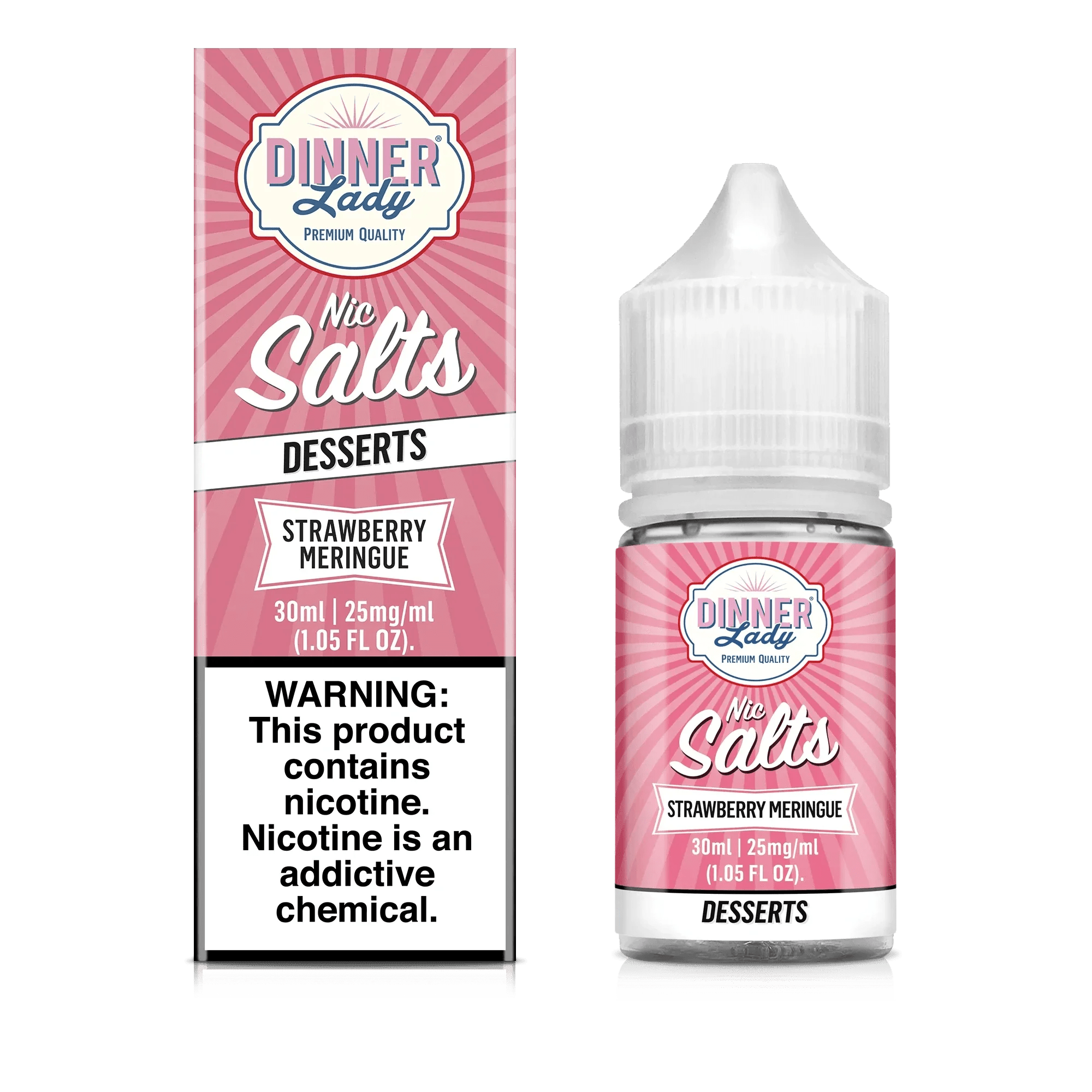 Strawberry Meringue SALT e-liquid by Dinner Lady in a 30mL bottle, with vibrant strawberry and meringue flavor details.