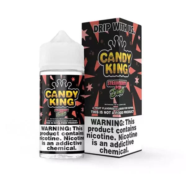 Bottle of Candy King Strawberry Pop Drops e-liquid 100mL with colorful label featuring strawberries and candy design.