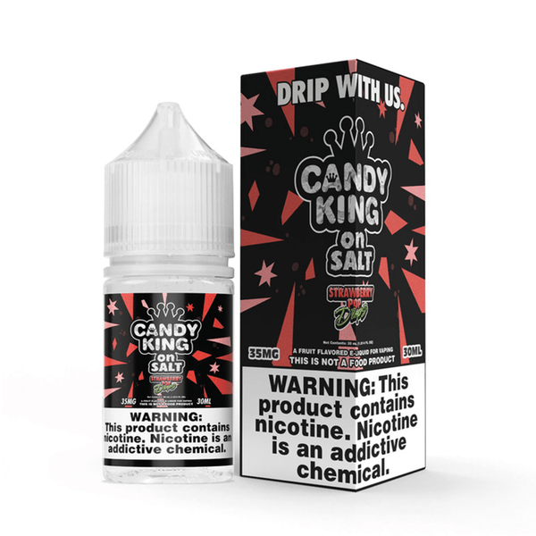 Strawberry Pop Drops SALT E-liquid by Candy King in a 30mL bottle, featuring a vibrant strawberry candy flavor.
