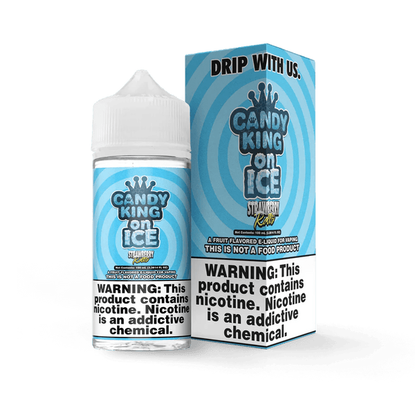 Strawberry Rolls on ICE e-liquid by Candy King, 100mL bottle featuring vibrant strawberry and icy flavor illustration.