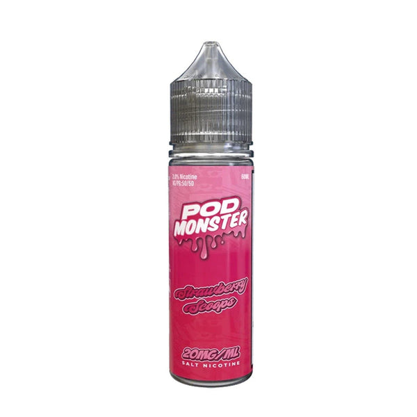 Strawberry Scoops SALT e-liquid by Pod Monster in 60mL bottle, featuring a vibrant strawberry flavor for vaping.