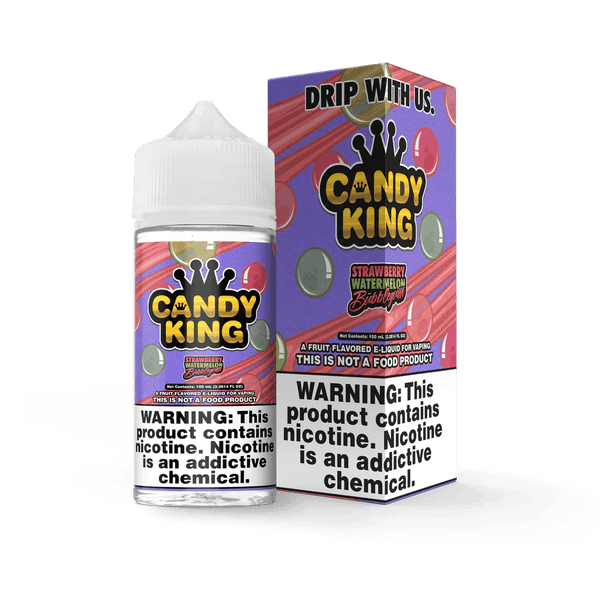 Strawberry watermelon bubblegum e-liquid by Candy King in a 100mL bottle, showcasing vibrant pink and green flavors.