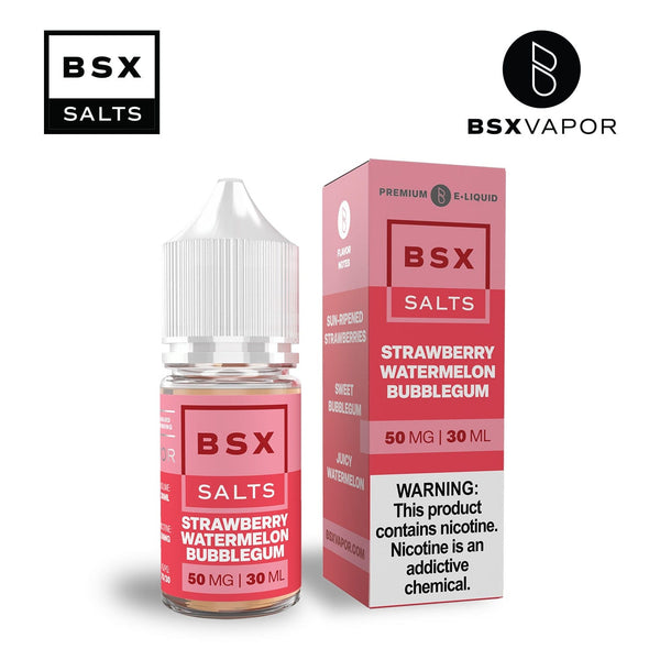 Bottle of BSX Vapor Strawberry Watermelon Bubblegum Salt E-liquid in a 30mL bottle, colorful label with fruity bubblegum flavor.