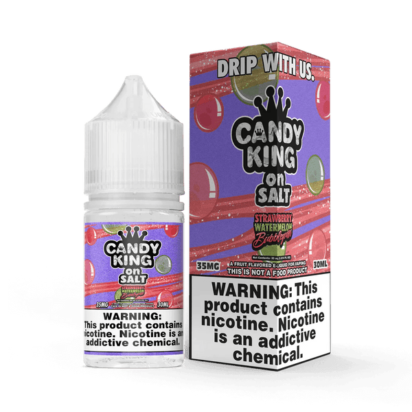 Strawberry watermelon bubblegum salt e-liquid by Candy King, 30mL bottle with vibrant pink and green flavors.