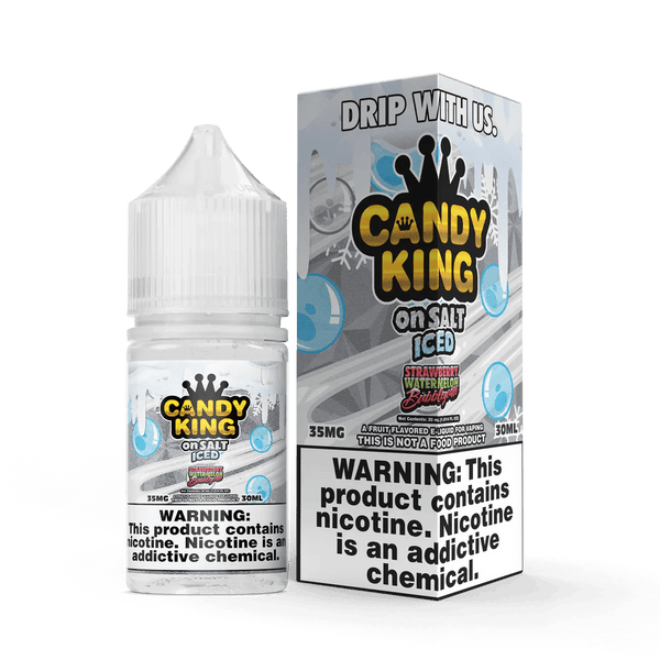 Candy King Strawberry Watermelon Bubblegum Salt on Ice e-liquid in 30ml bottle, with vibrant fruit and bubblegum flavor details.