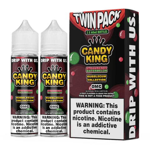 Strawberry Watermelon E-liquid from Candy King's Bubblegum Series in a 120mL bottle, featuring vibrant strawberry and watermelon flavors.