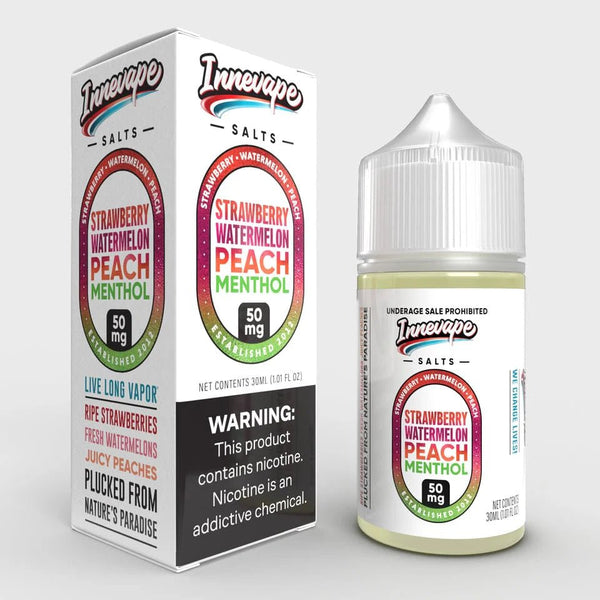Innevape Strawberry Watermelon Peach Menthol Salt E-liquid 30mL bottle with vibrant fruit flavors and menthol cooling effect.