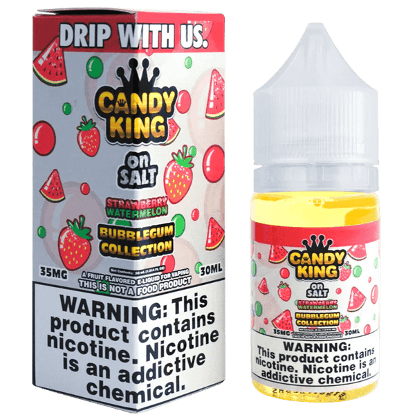 Candy King Strawberry Watermelon SALT e-liquid from the Bubblegum Series in a 30mL bottle, featuring fruity, sweet flavor profile.