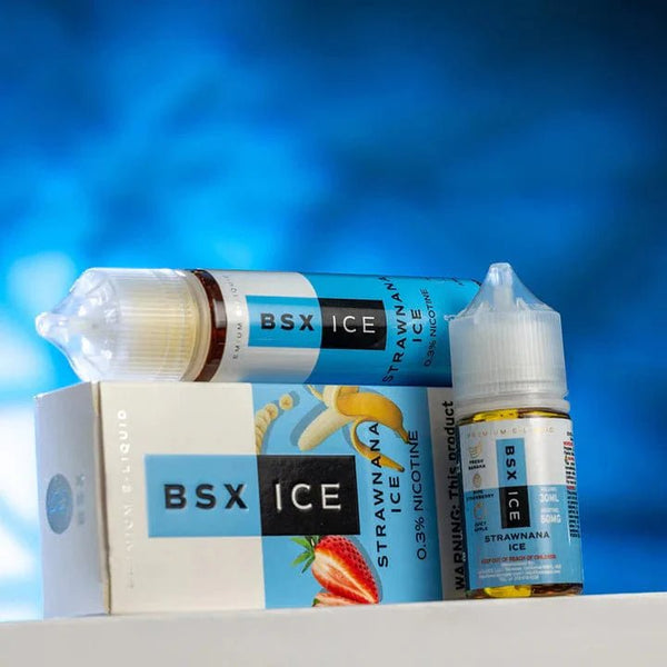 BSX Vapor Strawnana ICE Salt E-liquid bottle, 30mL with banana and menthol flavor, for vaping.