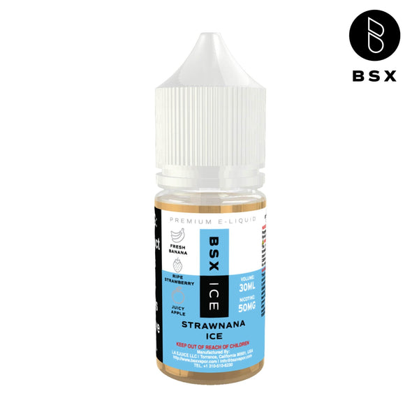 BSX Vapor Strawnana ICE Salt E-liquid 30mL bottle with banana and cooling menthol flavor in clear plastic bottle
