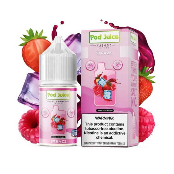 Strazz PJ5000 SALT e-liquid by Pod Juice in 30mL bottle, featuring a fruity, refreshing flavor for vaping.