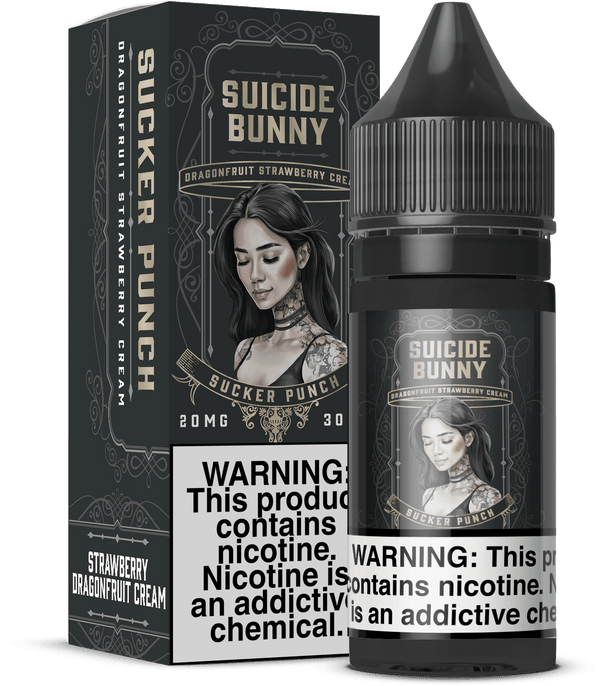 Sucker Punch SALT e-liquid by Suicide Bunny, 30mL bottle, featuring vibrant packaging and branding for vaping enthusiasts.