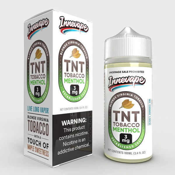 Innevape TNT Tobacco Menthol e-liquid bottle, 100ml, with menthol and tobacco flavor, vapor e-juice for vaping devices.