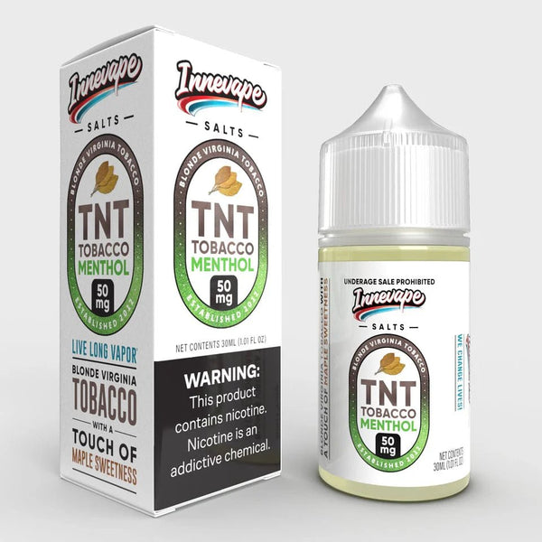Innevape TNT Tobacco Menthol SALT e-liquid bottle, 30mL, with label displaying tobacco and menthol flavor elements.