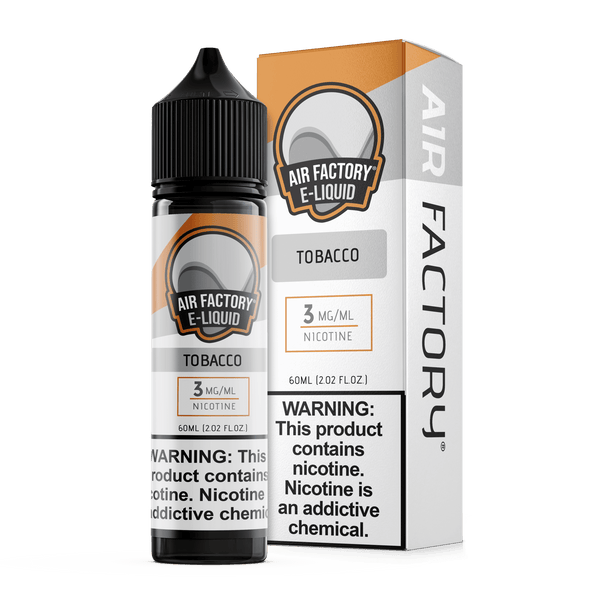 Air Factory Tobacco E-Liquid bottle, 60mL, with tobacco flavor, clear packaging, and vibrant label design.