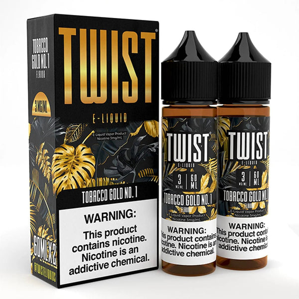 Bottle of Tobacco Gold No. 1 Twist E-liquids with 120mL size, featuring a tobacco flavor e-liquid in a clear plastic bottle.