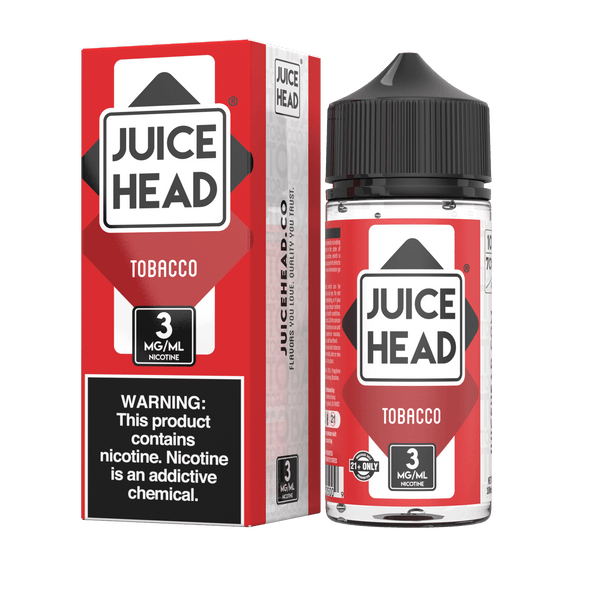 Bottle of Juice Head Tobacco e-liquid in 100mL packaging, featuring a tobacco flavor label and colorful branding.