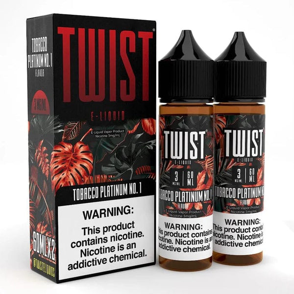 Bottle of Tobacco Platinum No. 1 Twist E-Liquids 120mL e-liquid with tobacco flavor and sleek packaging.