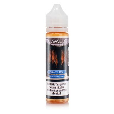 Bottle of Tobacco Row AVAIL Vapor e-liquid in 60mL plastic bottle with label featuring tobacco imagery and branding.