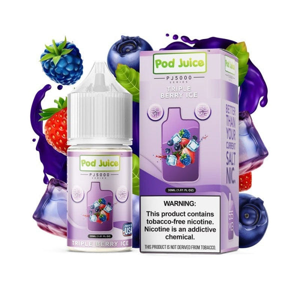 Bottle of Pod Juice Triple Berry ICE SALT e-liquid in 30ml size, featuring a berry and menthol flavor profile.