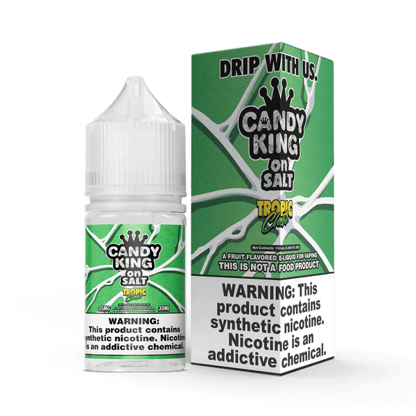 Tropic Chew SALT e-liquid by Candy King in 30mL bottle, tropical candy flavor, colorful packaging with tropical fruit illustrations