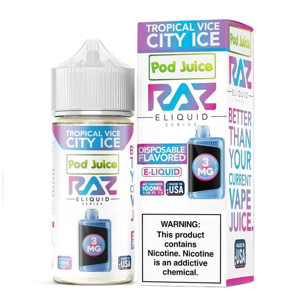 Tropical Vice City ICE Pod Juice x Raz E-Liquid 100mL bottle with tropical fruit and menthol flavor design.
