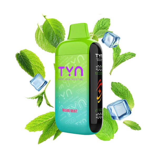 TYN 50K disposable vape device with sleek design and mouthpiece, featuring brand branding and electronic vapor components.