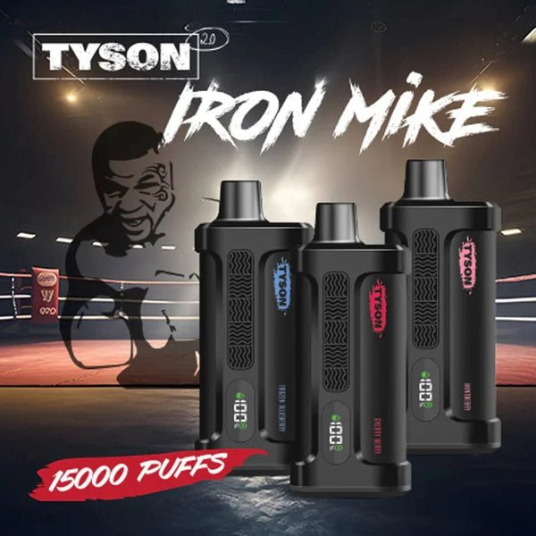 Tyson Iron Mike 15000 Disposable Vape in sleek black design with branding, designed for easy use and portable vaping.