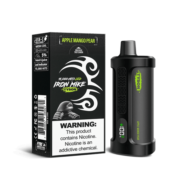 Tyson Iron Mike 15000 Disposable Vape in sleek black design, showing the portable device with branding and mouthpiece.