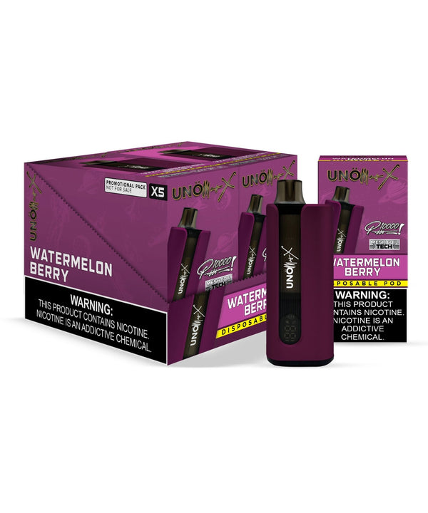 UNO Mas X 10,000 Puff Disposable vape with digital display, rechargeable, sleek design, and compact shape.