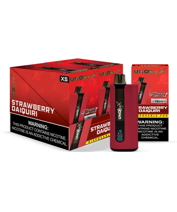 UNO Mas X 10,000 Puff disposable vape with digital display, rechargeable design, featuring sleek black body and ergonomic shape.