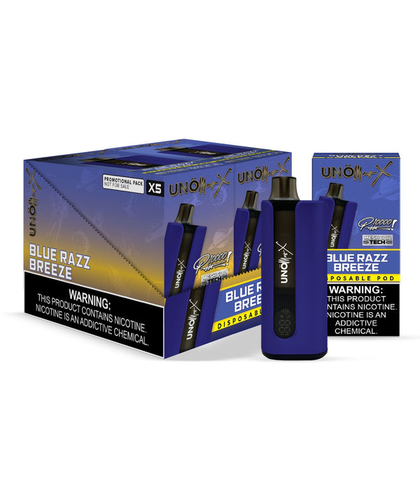 UNO Mas X 10,000 Puff Disposable Vape with digital display, rechargeable, compact design, and sleek branding.