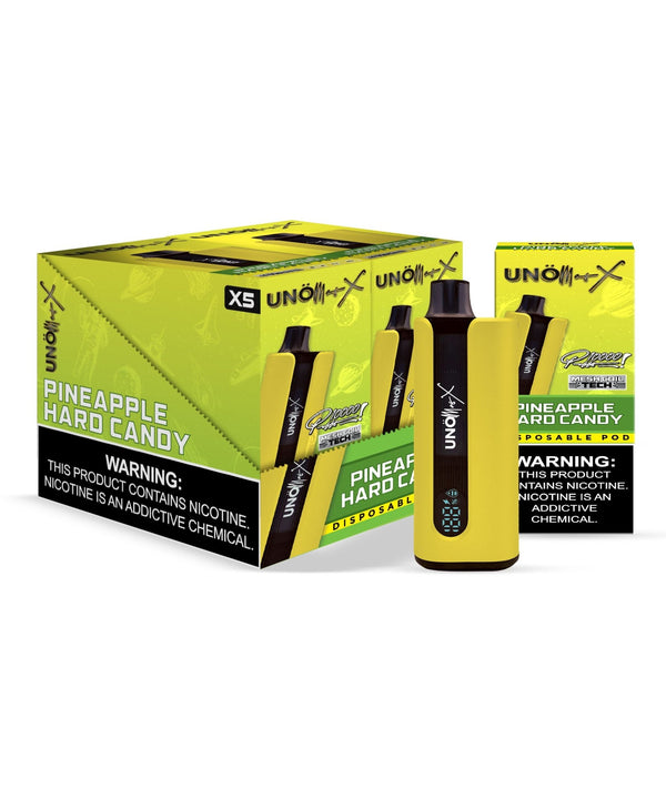 UNO Mas X 10,000 Puff Disposable Vape with digital display, rechargeable design, shown with sleek cylindrical shape and digital screen