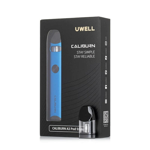 Uwell CALIBURN A3 15W pod system vape device with sleek design and mouthpiece, branded UWELL, on a neutral background.