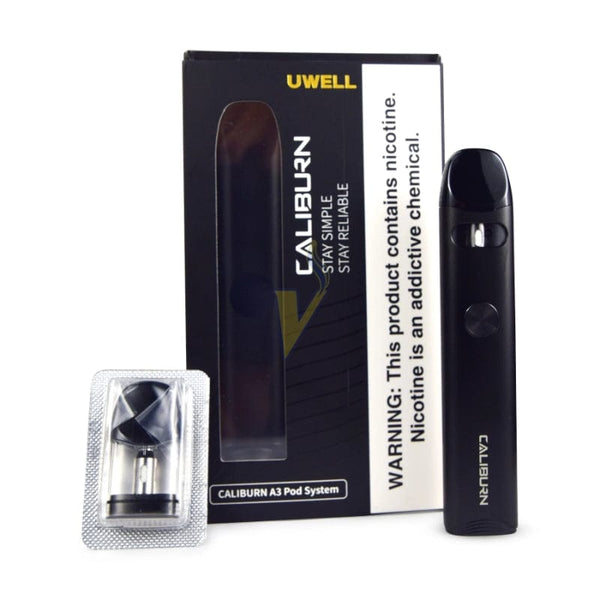 Uwell CALIBURN A3 15W pod system hardware with sleek design, compact size, and mouthpiece, branded UWELL.