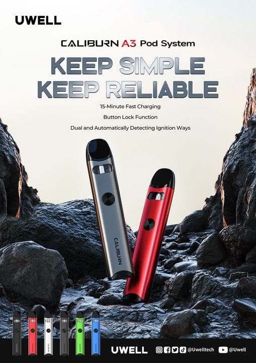 Uwell CALIBURN A3 15W pod system, compact hardware device with sleek design and mouthpiece for vaping.