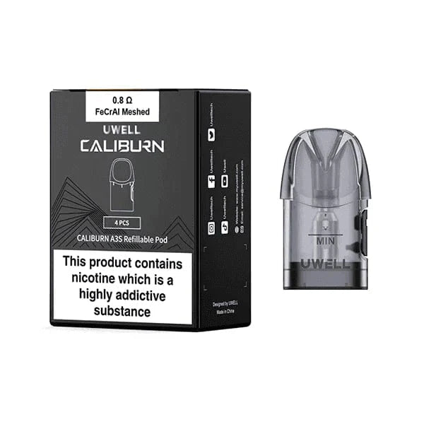 Uwell CALIBURN A3S replacement vape pods showing transparent plastic with mouthpiece and filling port