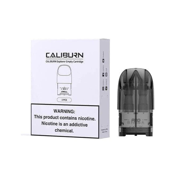 UWELL Caliburn Explorer replacement pods for vaping hardware, shown in a close-up image.