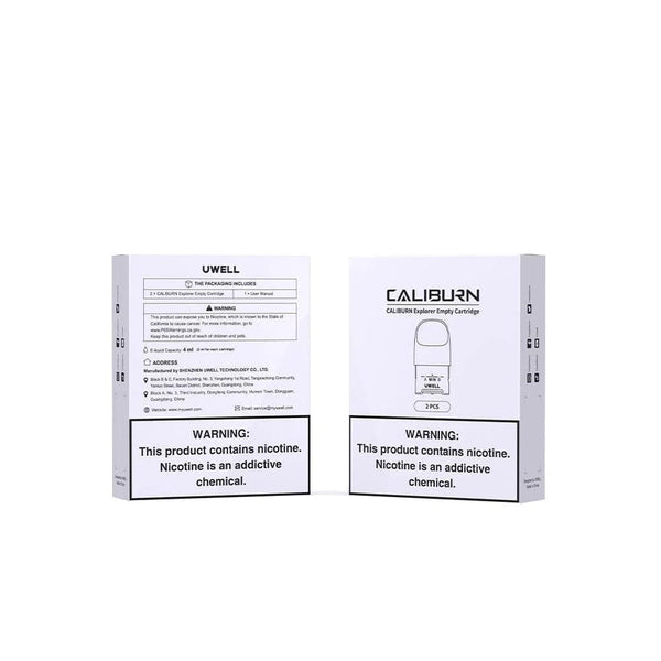 UWELL Caliburn Explorer replacement pods for vaping device, showing clear plastic mouthpiece and fill port.