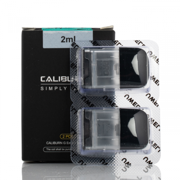 UWELL Caliburn G replacement empty pods for vape device, transparent plastic with mouthpiece and filling port.
