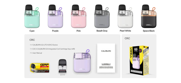 UWELL Caliburn G3 Lite KOKO pod system hardware with sleek design, compact size, and user-friendly features for vaping.