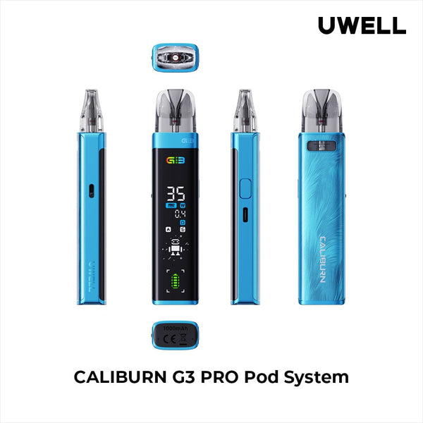 UWELL Caliburn G3 Pro 35W pod system hardware with sleek design and cartridge visible, compact vaping device.