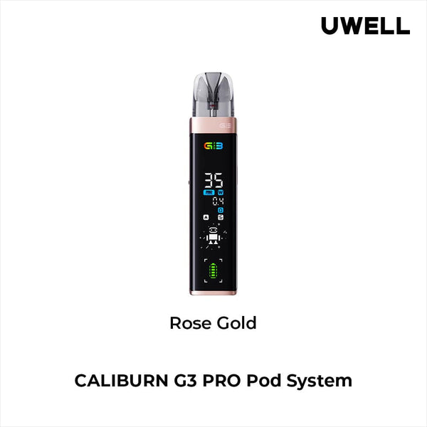 UWELL Caliburn G3 Pro 35W pod system hardware with sleek design and adjustable wattage, compact and portable vape device.