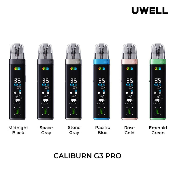 UWELL Caliburn G3 Pro 35W pod system hardware with sleek design and adjustable wattage, featuring a compact, portable vaping device.