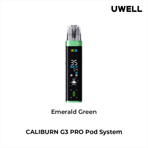 UWELL CALIBURN G3 Pro 35W pod system hardware with sleek design and ergonomic mouthpiece, compact and portable vaping device