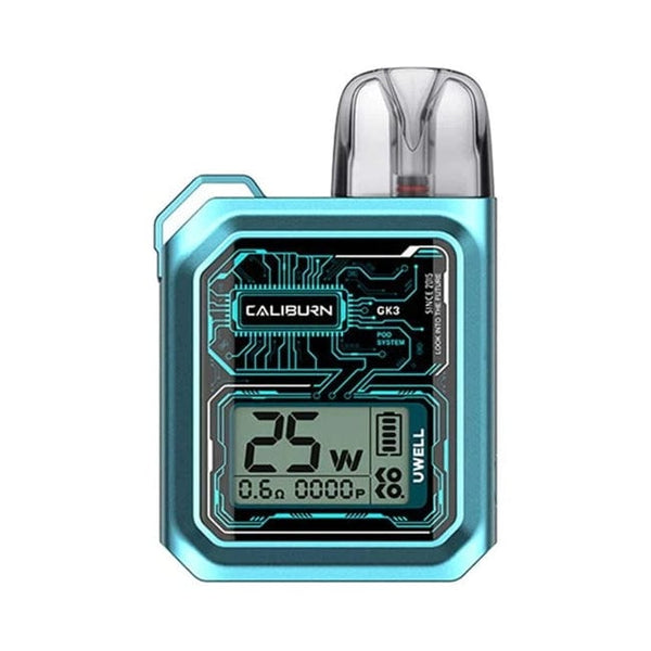 UWELL Caliburn GK3 25W pod system with sleek hardware design, compact size, and adjustable airflow for vaping.