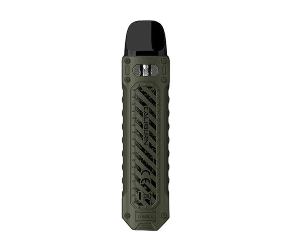 UWELL CALIBURN TENET 16W pod system hardware with sleek design and compact size, featuring a mouthpiece and battery indicator.