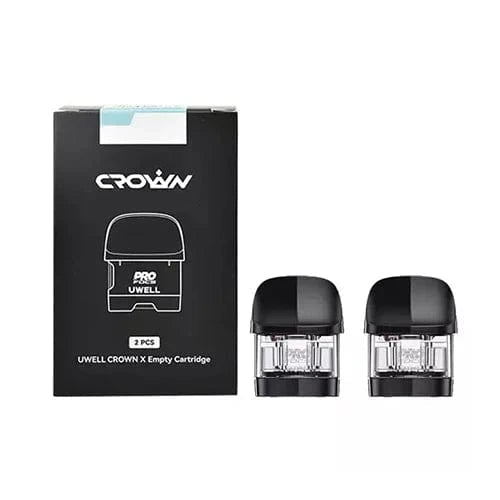 UWELL Crown X replacement pods for vaping device, showcasing sleek hardware design and transparent e-liquid chambers.