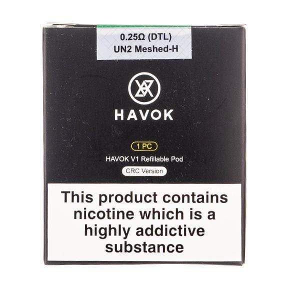 Uwell HAVOK V1 replacement pods for vape device, black and transparent plastic with mouthpiece and filling port visible.